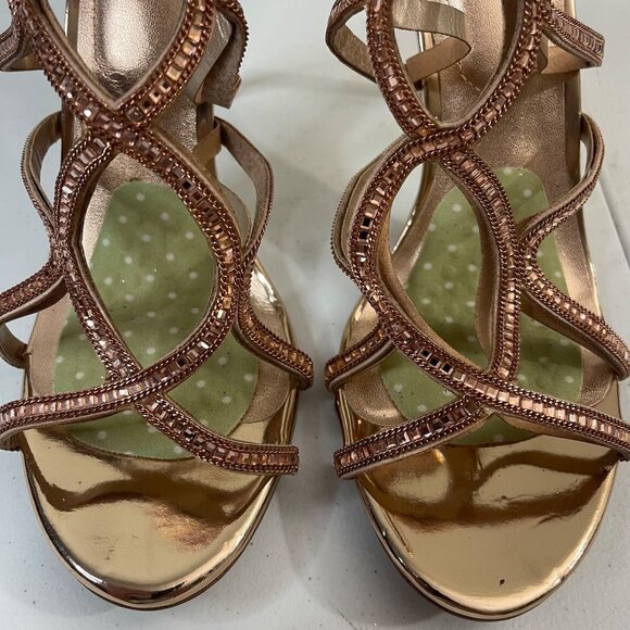 ALDO Strappy Metallic Gold Heeled Sandals With Rhinestone Accents Peep Toe - Picture 5 of 11